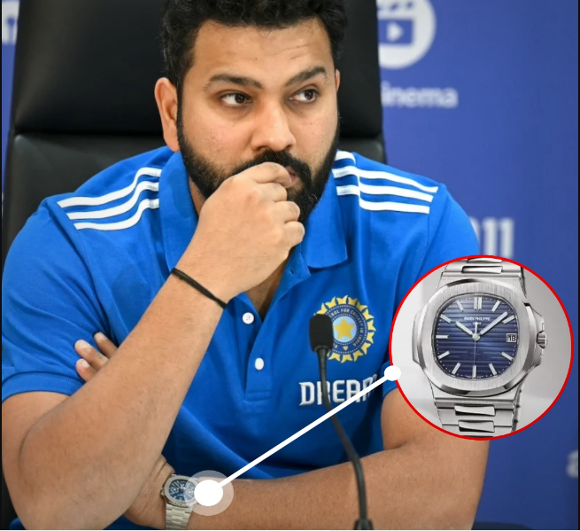 Rohit Sharma wearing a Patek Philippe Nautilus Platinum 5711 watch at the India T20 WC press conference.