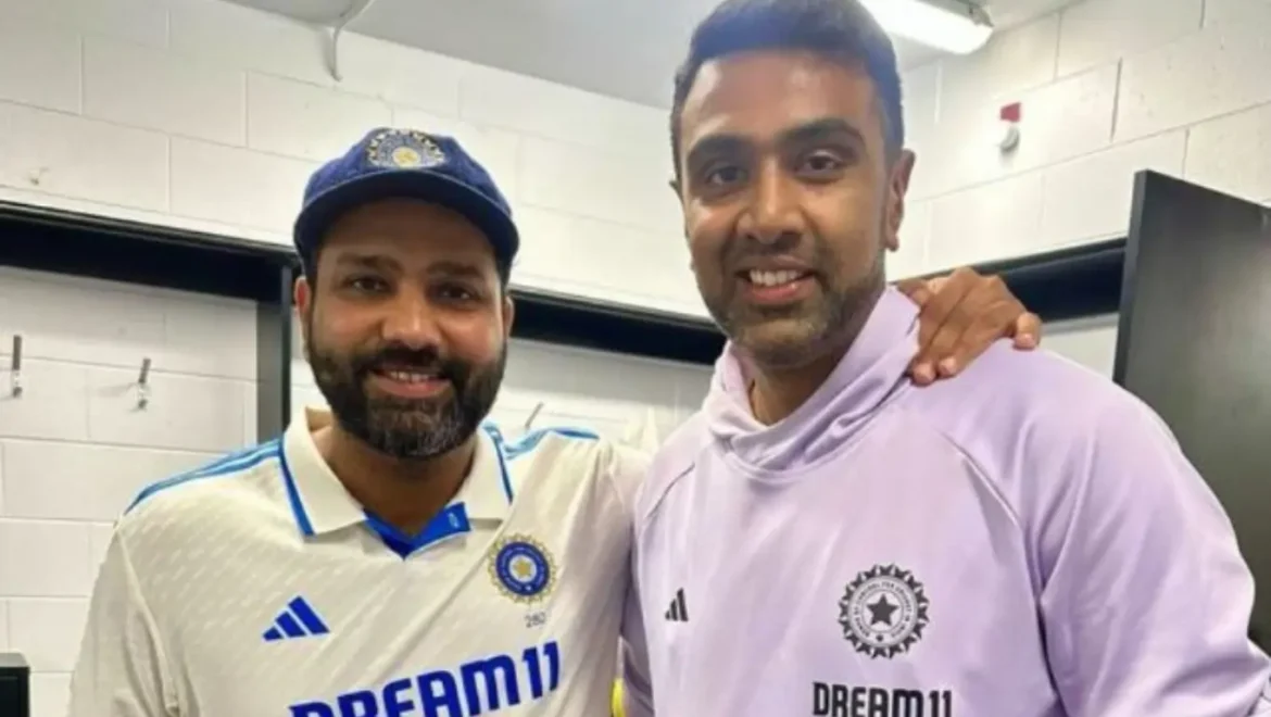 Rohit Sharma embracing Ravichandran Ashwin during his farewell press conference, symbolizing friendship and cricketing legacy.